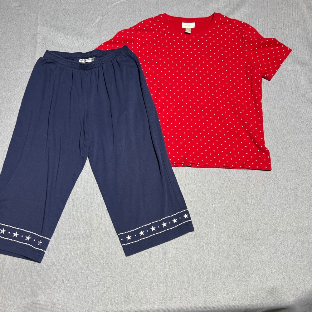 Studio Works Womens Star‎ Pajama Large Red Blue 2 Piece Sleepwear 4th of July